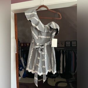 Adelyn Rae One Shoulder Gingham Checkered Ruffled Romper XS